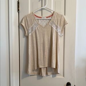 Taylor & Sage Tan Asymmetrical Blouse with Cream Lace
